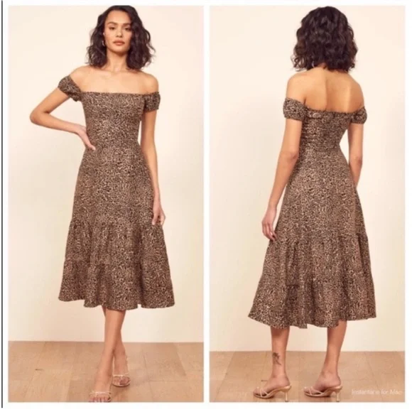 Reformation Toulouse Linen Off Shoulder Leopard Print Midi Dress size 4 - Picture 3 of 10
